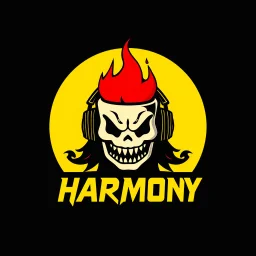 minimalist logo for rock band jaundiced yellow text "SARDONIC HARMONY" in a futuristic font, sinister evil marshmallow head with headphones and red flames silhouette, dark negative space, stylish, wow factor