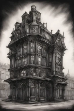 steampunk victorian building drawn in charcoal