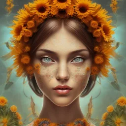 sunflower marigold goddess, beautiful face, dress, brown hair