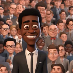 a portrait of smiling man. caricature. black rare hair. dark skin. black eye pupils. rectangle face shape. formal dress with black vest. pixar style. 3D. 4k. portrait. highly detailed. sharp focus. high resolution. full color. cinema lighting