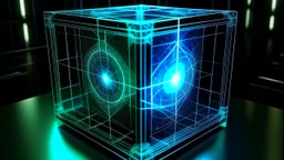 Cube tesseract from movie Loki size 2/3 of image. Located strictly in the middle of picture with space around it and with navy blue/green glow inside tesseract. Without surface/table on which it stay.