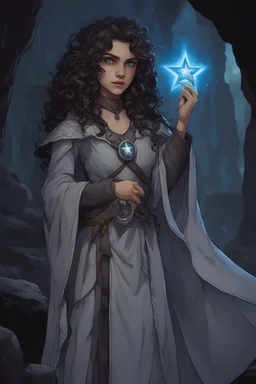 A female DnD character in a dark cave. A mysterious half-elf twilight cleric with dark, super curly hair and blue eyes. Wearing a grey robe with star symbols on it.