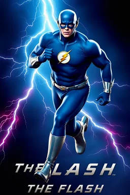 1/4 side view, looking at the viewer, Movie Poster - "THE FLASH" - A massive, thick, extremely muscular, 7'8" tall man, ((skintight, formfitting, long-sleeved, Blue spandex bodysuit:1.5)), ((Silver knee-high boots:1.5)), ((Silver wrist gauntlets, blue fingerless gloves, silver, double holstered utility belt:1.5)), ((skintight, formfitting, blue spandex helmet with blue eye disguise,:1.5)), Running, multicolored lightning emanating from his body, an overly exaggerated muscular stature