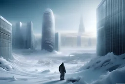 cinemtic photo snow ice cold wind humans freezing grand solar minimum mini ice age western europe modern city skyscrapers