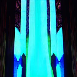 Cyberpunk cathedral, glitchy stained glass flickering with code, corrupted light rays, VHS interference, analogue distortion --ar 9:16 --draft