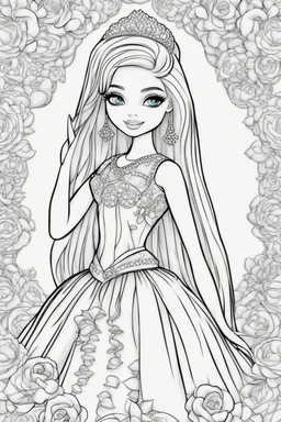 outline art for kids barbie coloring pages , no background, sketch style, full body, only use outline, mandala style, clean line art, white background, no shadows and clear and well outlined. should look exactly like barbie