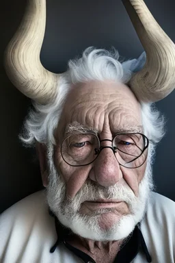 old man with large gray eyes and 2 horns on white hourse