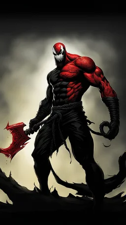 Venom symbiote with kratos Beard and red tattoos and Clothes, holding blade of choice