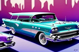 a true-to-life 1957 Buick Century Caballero Wagon, centered, intricate, extreme detailed, photorealism, center view, city background, pivot on buick, pen and color marker painting by cheryl kelley