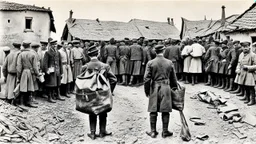 an man in a dark european, hungarian postman's uniform standing with his back to the camera with a large postman's bag on his left shoulder, he is only half visible from the european-hungarian villagers gathered around him, surrounded by men and women in vintage poor cloths. Some villagers are holding letters in their hands, sad and crying faces, a little boy staring at the postman, a crying little girl clinging to her mother's skirt, two women crying , high realistic, perfect photo