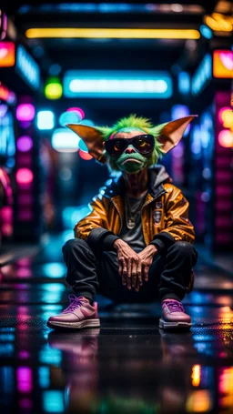 camera angle from feet, portrait of slick lord Gremlin myth buster pimp ninja cyber punk sitting on a hipster car parked in dark fashionably lit reflective wet arcade hall tunnel,bokeh like f/0.8, tilt-shift lens 8k, high detail, smooth render, down-light, unreal engine, prize winning