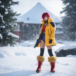 high res cinematic photo by Hajime Yatate: Faye Valentine, clad in her iconic outfit (a yellow short and a yellow latex crop top, under a red bubble sleeveless jacket), stands in the snow of Callisto with furry boots. She points her trusty gun. Amidst the icy winds and swirling snowflakes, Faye's violet hair is an 80s update of the flapper Bob, reflecting the cold beauty of the alien world.