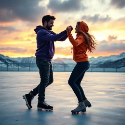 Hyper Realistic Romantic Couple (Handsome Muscular Man Wearing Purple Hoodie And Black Jeans With Woman Wearing Orange Hoodie And Navy-Blue Jeans And Both Wearing Skating Shoes Dancing On A Frozen Floor With Cold Breeze And Snowy Mountains At Cloudy Sunset Showing Dramatic & Cinematic Ambiance.