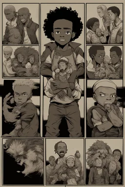 Give me the art-style of the boondocks with a poster of the main cast from TWD Series. Add guts from Berserk and griffin eating a small baby deer.