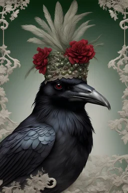 crow portrait, textured detailed feathers adorned with rococo style green and black and red pearls, diamond headdress, florals, organic bio spinal ribbed detail of detailed creative 3d rococo style light white floral background extremely detailed hyperrealistic maximálist concept art
