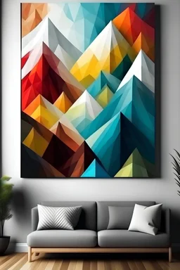 Create a handpainted geometric canvas painting Depict mountainous peaks using prismatic geometric shapes. on a canvas mockup in a space