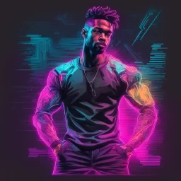 Hyper Realistic Glitched Sketch of Muscular Handsome Male Hip Hop Artist on a neon paper with dark futuristic background