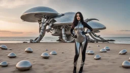 Wide-angle shot of a woman, standing to one side, with dark hair in a silver robotic catsuit, standing on a beach, flying mushrooms with octopus tentacles floating above her