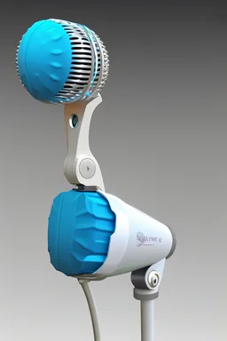 White gold portable singing microphone containing a blue gem Photorealistic