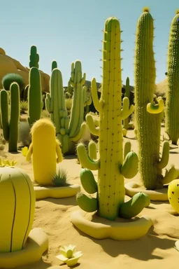 A pale yellow desert with cactus designed in Hawaiian tiki statues painted by Joan Miro