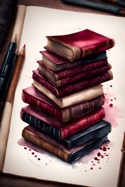 watercolor drawing of a stack of old burgundy books with black lace and rubies, Trending on Artstation, {creative commons}, fanart, AIart, {Woolitize}, by Charlie Bowater, Illustration, Color Grading, Filmic, Nikon D750, Brenizer Method, Side-View, Perspective, Depth of Field, Field of View, F/2.8, Lens Flare, Tonal Colors, 8K, Full-HD, ProPhoto RGB, Perfectionism, Rim Lighting, Natural Lighting, Soft Lighting, Accent Lighting, Diffraction Grading, With Imperfections