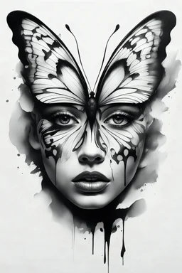 A realistic drawing in negative space black ink on white background of a beautiful butterfly with abstract brushstrokes face tattoos to enhance her face max enrist