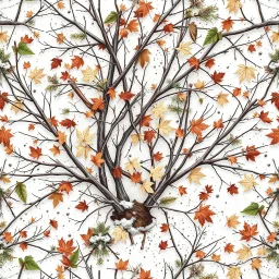 detailed Real Tree Camouflage made of bare bush branches, fir branches, dried maple leaves, snow and dirt, white background, seamless repeatable texture camo pattern, muted