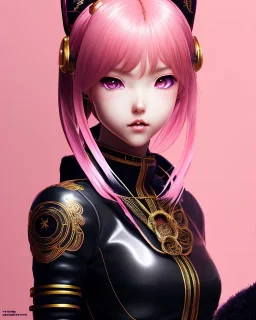 Detailed cute anime Kunoichi girl, pink hair buns, pink bangs, black latex bodysuit, intricate details, full body portrait, keep head in frame, slight smile, black Japanese motif, concept art, highly detailed, digital painting, concept art, sharp focus, illustration, art by Yoji Shinkawa, WLOP and greg rutkowski and alphonse mucha and artgerm and yanjun Chen and Junji ito and Makoto Shinkai, HDR, octane render