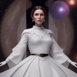 model shoot style, digital art zoomed out portrait of (Princess Leia) ((dressed in white and off white gown)), surrounded by 100 planets, ultra-detailed, ultra quality, illustration, eerie atmosphere, 8k, cinematic lighting