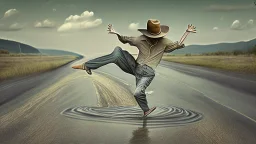 happy man river-dancing on a hat that is laying on the road