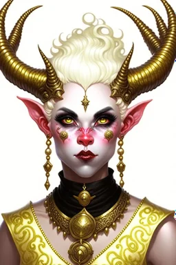 A young tiefling woman with a set of ram horns on her head encrusted with jewels, White-Blonde, short hair, black eyes, no pupils, dressed in all white with lots of jewelry, beautiful, she looks like an angel