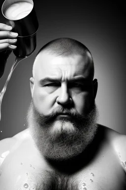 close up photography, dirty burly russian ugly strong chubby 56 years old man, bullneck, milk falling from above, splashing and dripping milk in the face, milk dripping on the beard, with dirty tank top, tattoo, serious eyes, manly chest, 35mm lens, natural light