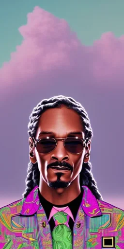 Snoop dogg. a chair. pink houses, pink sky, pink smoke, trees, outdoors