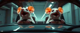 car driving happy 2d neon fluffy orc wheel rats with human hands in the style of Escher and Giger and Fallout 4, pinhole cam, airbrush 3d rendering, on tv screen:A five-second cinematic single take in a clean industrial presentation hall.