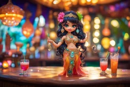 Coloured glass cute chibi belly dancer in the tiki bar with cocktails set with gemstones, glittering metal stems and gemstone leaves on a room table sharp focus elegant extremely detailed intricate very attractive beautiful dynamic lighting fantastic view crisp quality exquisite detail gems and jewels S<AI in sunshine Weight:1 Professional photography, bokeh, natural lighting, canon lens, shot on dslr 64 megapixels sharp focus Weight:0.9