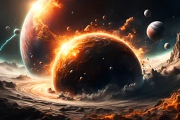 create a wildly imaginative otherworldly, chaotic birth of a planet , highly detailed, digital composite, 8k,