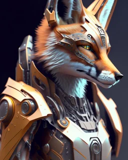 Full body 3D Portrait of a cyborg fox in natural colours wearing futuristic face armor in realistic fantasy