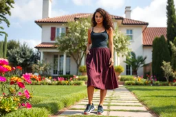 very beautiful lady with beautiful midi dark black-red skirt and top with curvy hair sports shoes standing in a nice villa yard with trees flowers ,16 by 9
