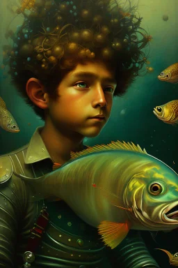 a painting of a young boy riding a fish, a storybook illustration by Esao Andrews, cgsociety, pop surrealism, storybook illustration, whimsical, detailed painting, ukiyo-e style