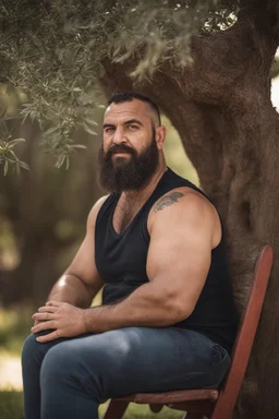 close up photography of a turkish ugly dirty burly muscular chubby farmer 36 years old, bullneck, shirtless, strong arms, big belly, manly chest, very sweat, short beard, tattoo, curly hair , short bulging pants, open legs sitting on a chair under an olive tree , sunlight, big tights, barefoot, ambient occlusion, hyper detailed photography, photorealistic, 35mm lens, side light, frontal view from below, natural colors