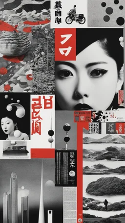 surreal collage art crafted from vintage Japanese magazines poster Novell , art composition by kusama, sci-fi elements , Alice's Wonderland, black and white and deep red