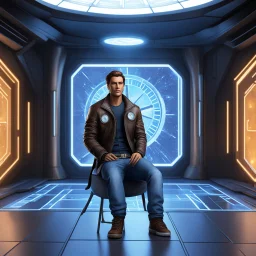 an agent of an intertemporal organization sits in the teleport beaming room, journeys through the past and future to mend the fabric of time. Clad in a casual yet functional outfit, resembling loose jeans paired with a leather jacket or comfortable jogging attire. Despite the laid-back appearance, the character conceals cutting-edge high-tech equipment cleverly disguised within a few medieval tools. A musket transformed into a futuristic weapon, a rugged backpack housing advanced gadgets, a flas