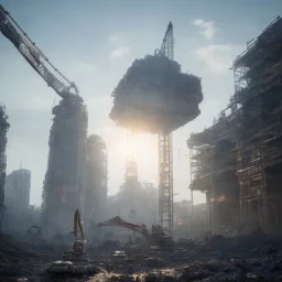 new sky towers, Giant hybrid human future armor workers, large tools digging up earth ore, heavy construction machines, rebuild city, molten metal,