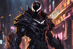 Venom Shredder in 8k solo leveling shadow artstyle, sombra them, close picture, rain, Shredder helmet, neon lights, intricate details, highly detailed, high details, detailed portrait, masterpiece,ultra detailed, ultra quality