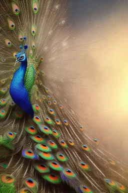 beautiful peacock, jungle, mystical, dreamlike, Neo-Impressionism, fine detail, high quality, raining, rain droplets,