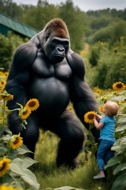 A child play with the s big gorilla among sunflowers farm the child is seems very happy while the gorilla been silly