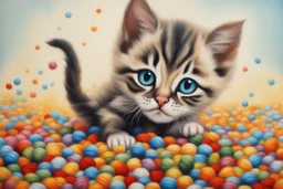 cute chibi kitten in colourful, soft cotton yarn balls in sunshine Weight:1 surrealism Salvador Dali matte background melting oil on canvas Weight:0.9