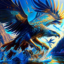 Aguila pescadora con pez grande en sus garras, intrincada, hiperdetallada, arte digital, colores contrastantes, sombras, clima soleado, cielo azul claro, 8k