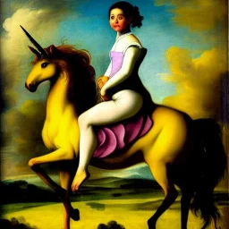 Retrato de una niña muy guapa llamad Dalia Santiago Arnau montando un unicornio con el estilo de Diego Velázquez