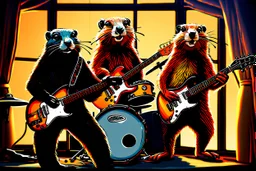 punk Groundhog rock band, playing the guitar, the drums and a saxophone. Window background, Orion Nebula. fun, artistic, hdr, crisp quality, award winning, 4k, warm colors, photo-realistic, digital painting